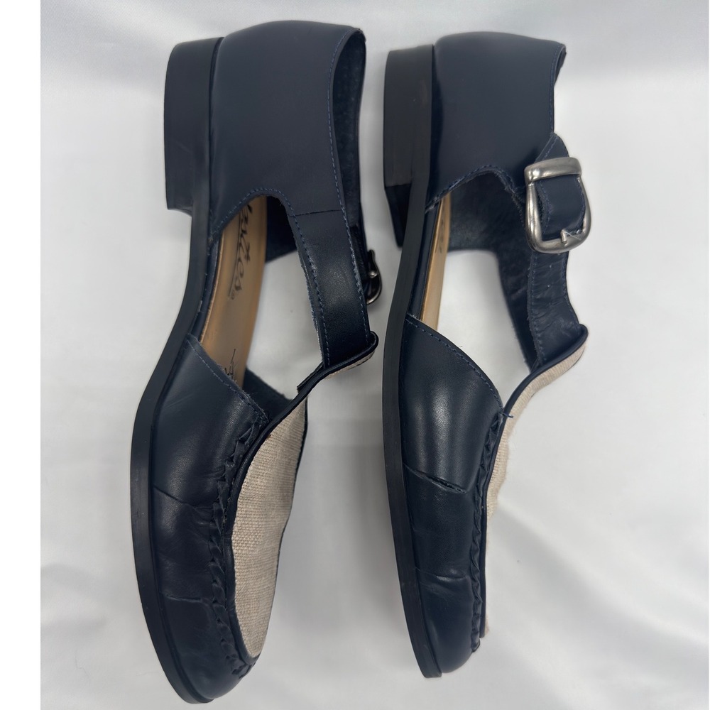 Westies T-Strap Flats Womens 8M Navy Blue Leather Linen Vintage Excellent Brazil - Picture 5 of 13